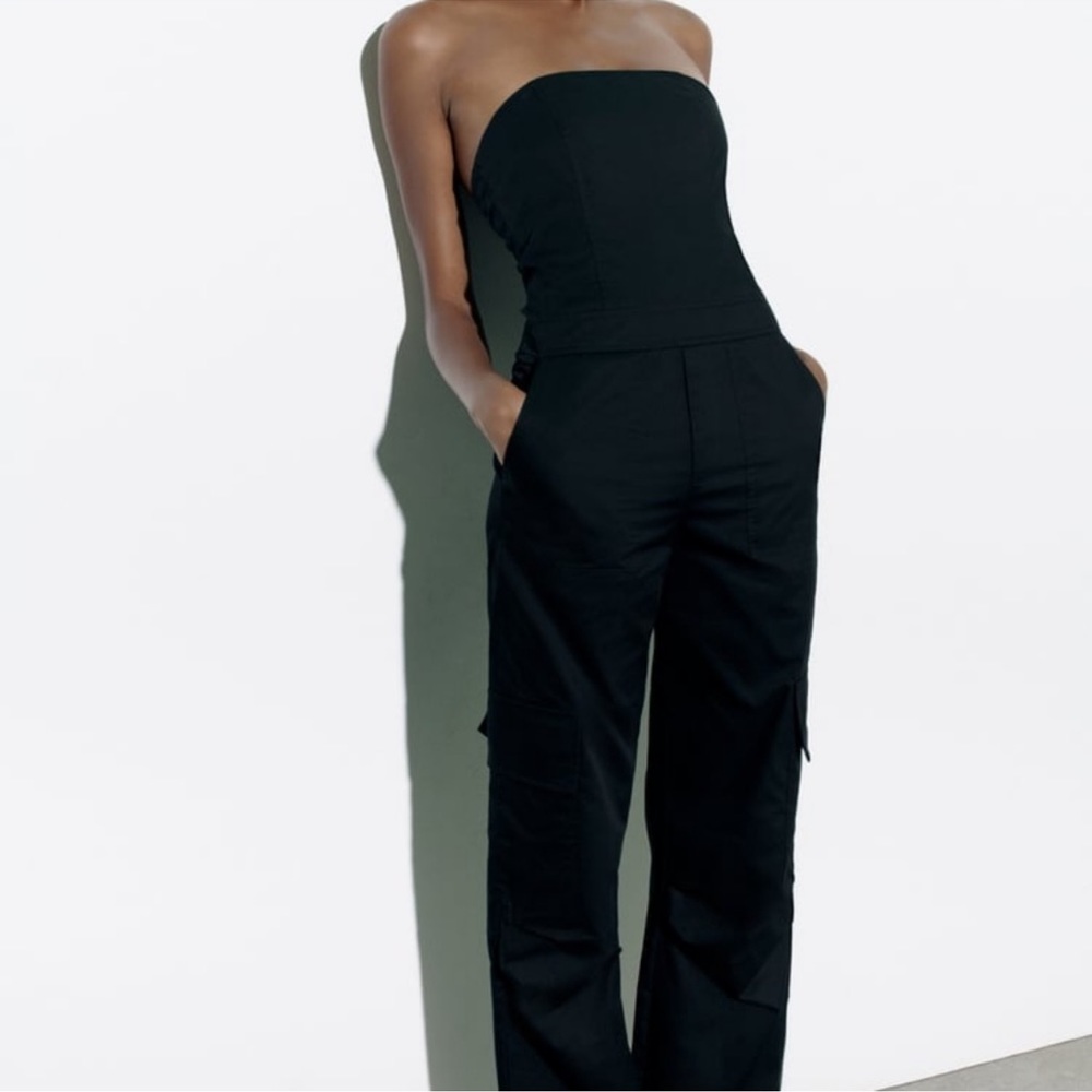 Zara strapless cargo jumpsuit black size small blogger favorite - Picture 2 of 16